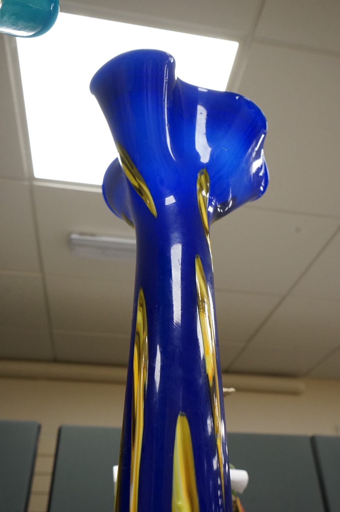 Two large blue and yellow Murano glass vases, 95cm